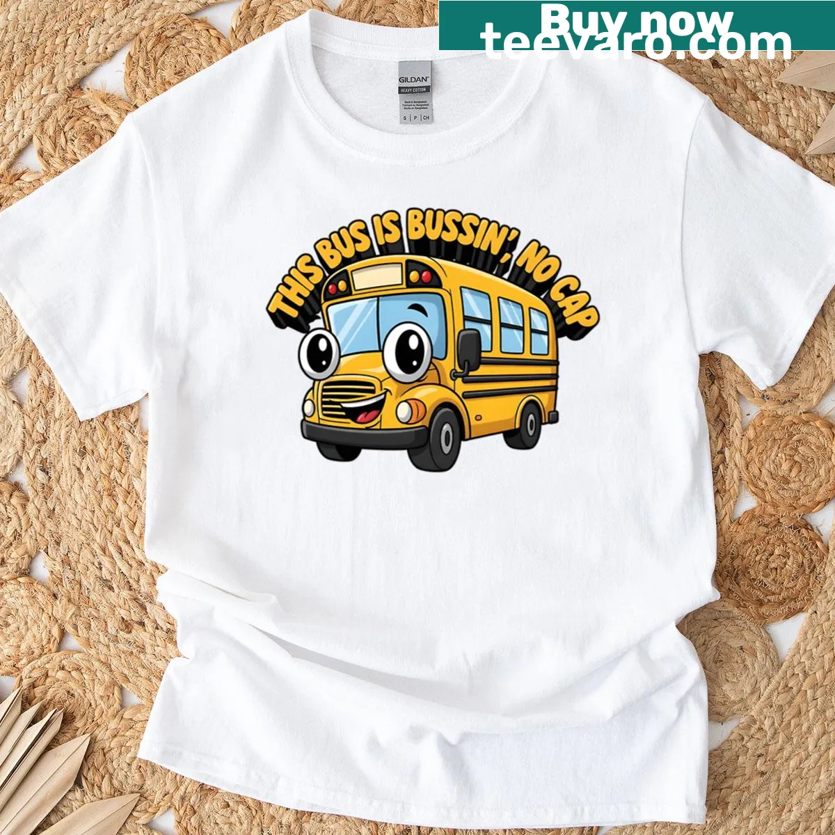 Funny school bus cartoon with 'This Bus Is Bussin No Cap' text — on a men's t-shirt