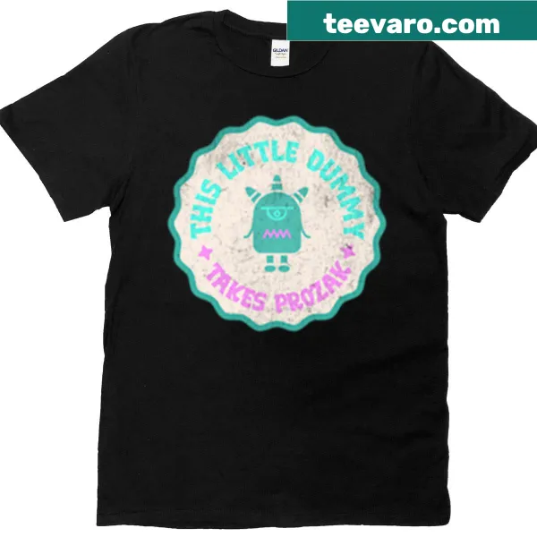 Cute monster illustration with text about Prozac on a neon pink and teal shirt