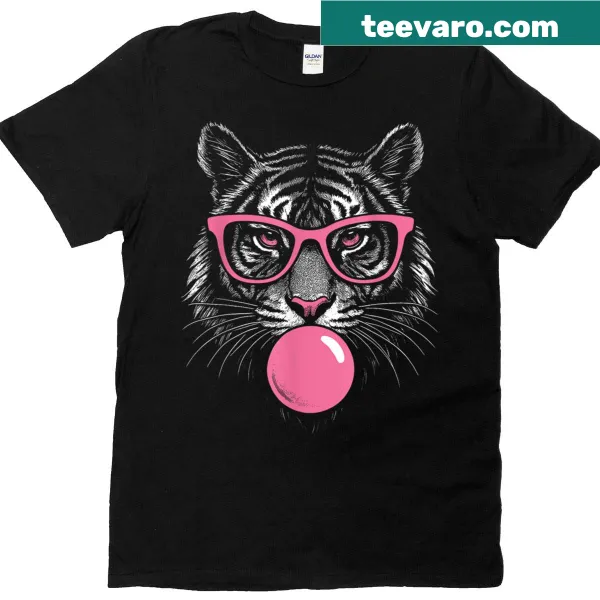 Illustrated tiger face with pink sunglasses on women's t-shirt