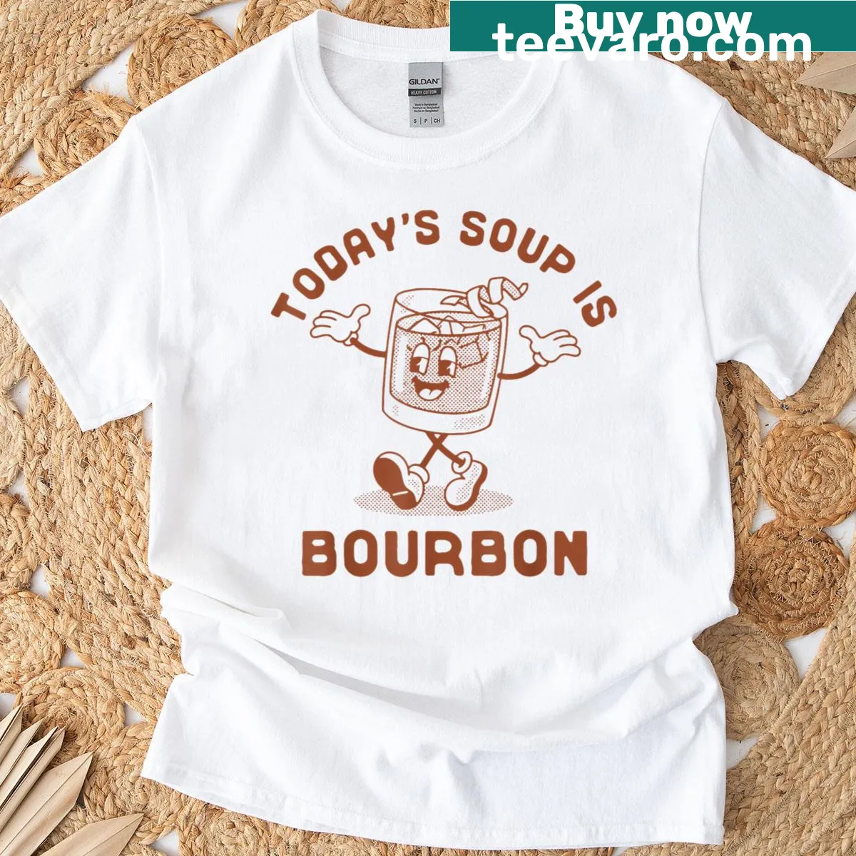 Funny bourbon-themed T-shirt with whimsical glass graphic — on a men's t-shirt