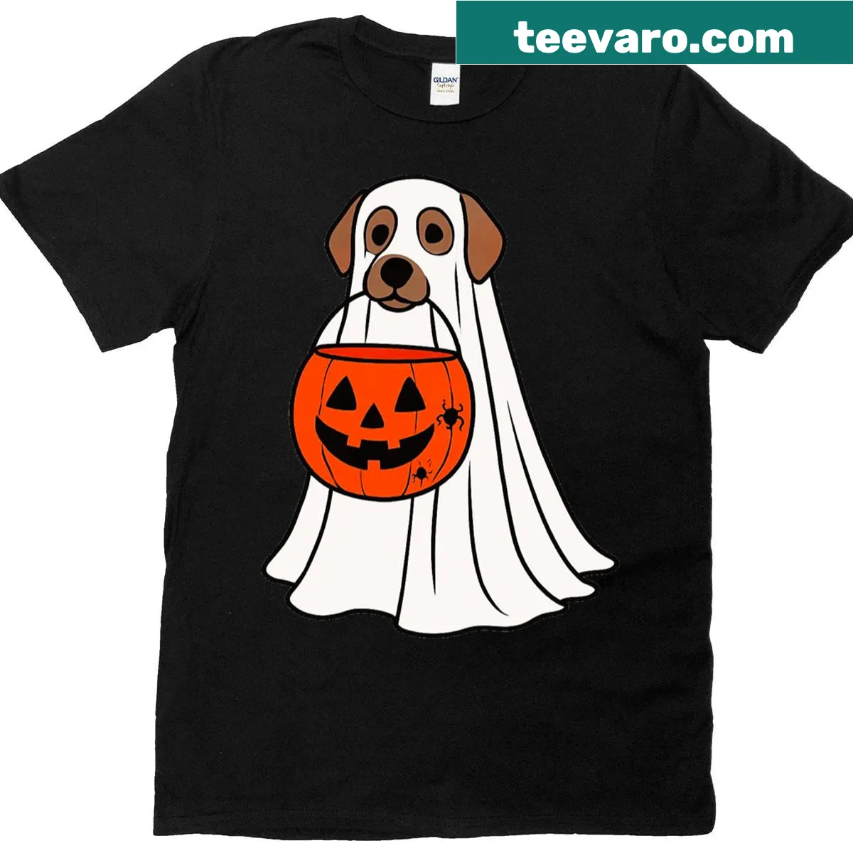 Cartoon dog in ghost costume for Halloween t-shirt — on a men's t-shirt