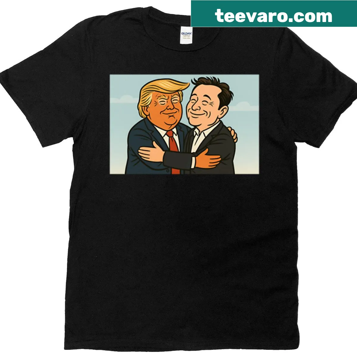 Funny T-shirt featuring art of Trump and Musk with memecoin design — on a men's t-shirt