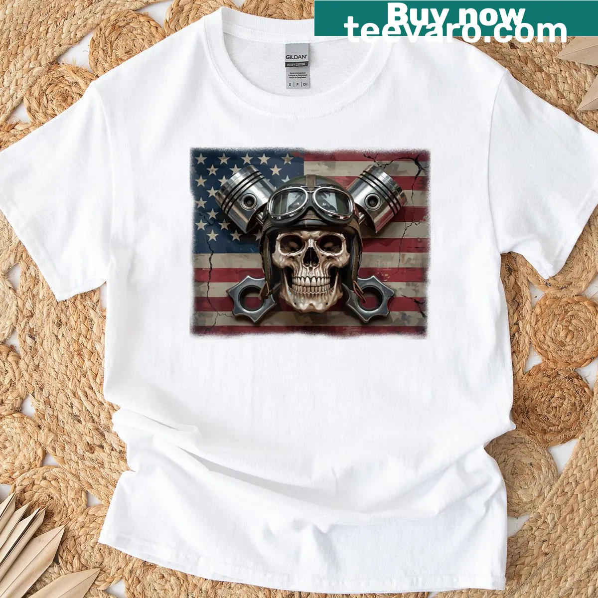 Biker-themed T-shirt with skull, pistons, and the American flag. — on a men's t-shirt