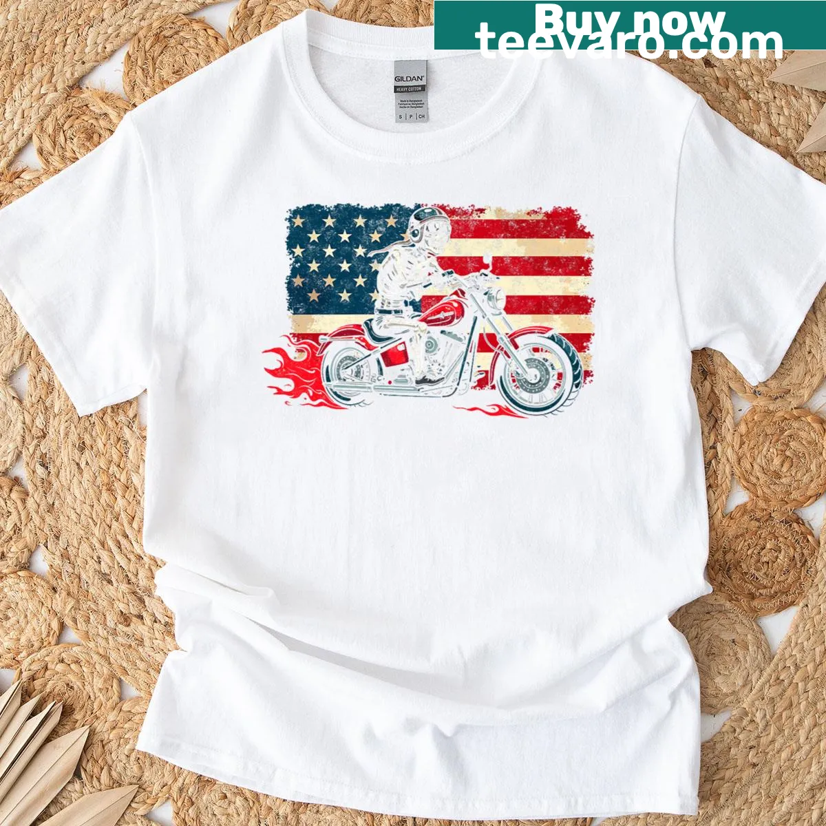 Skeleton biker design with American flag on T-shirt — on a men's t-shirt