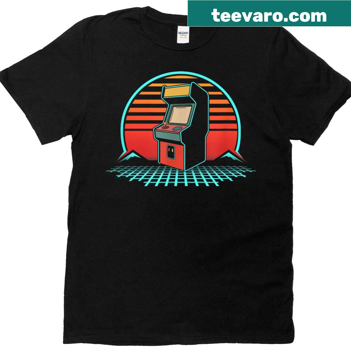 Vintage arcade video game machine graphic T-shirt — on a men's t-shirt