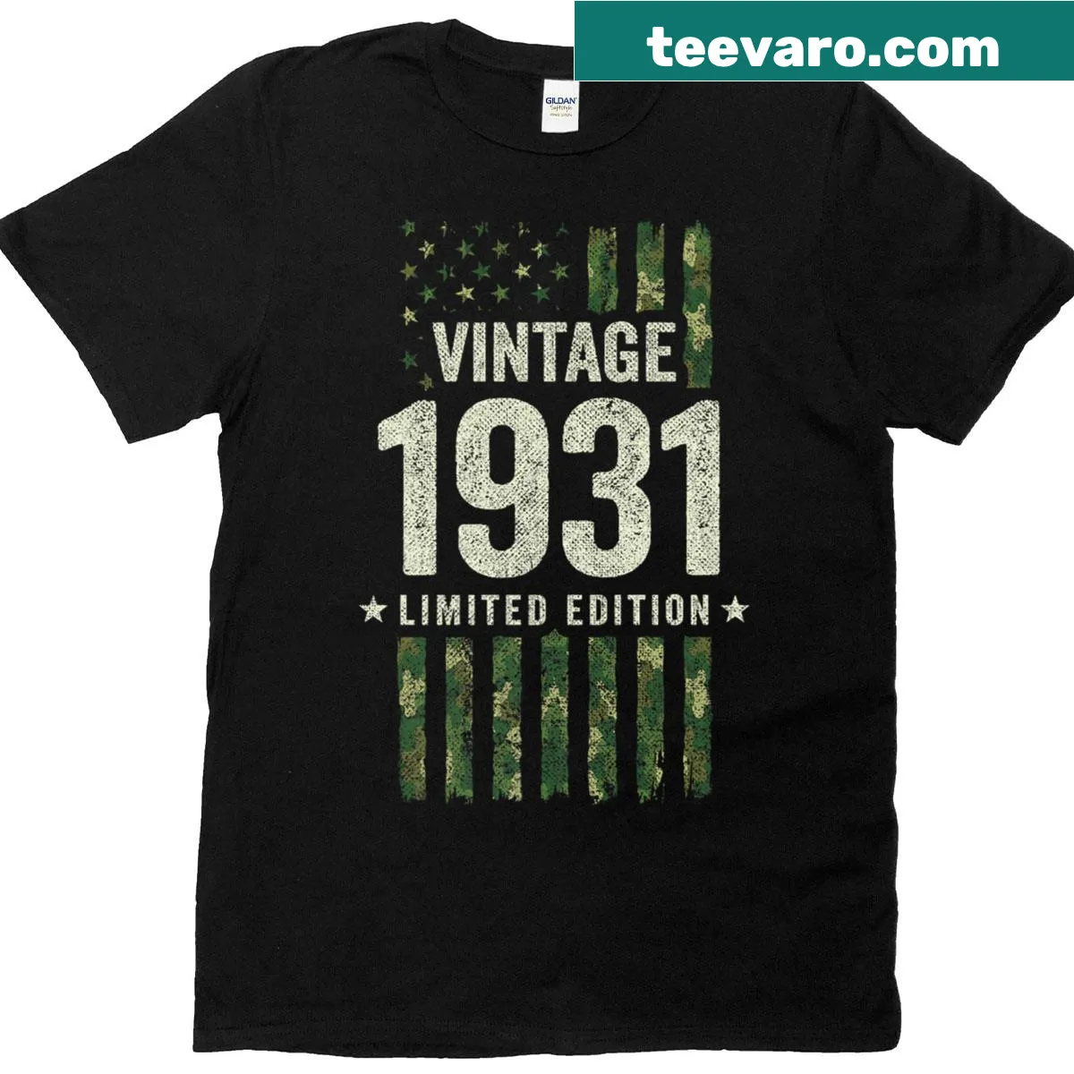 Military camo American flag t-shirt celebrating 1931 birthday — on a men's t-shirt