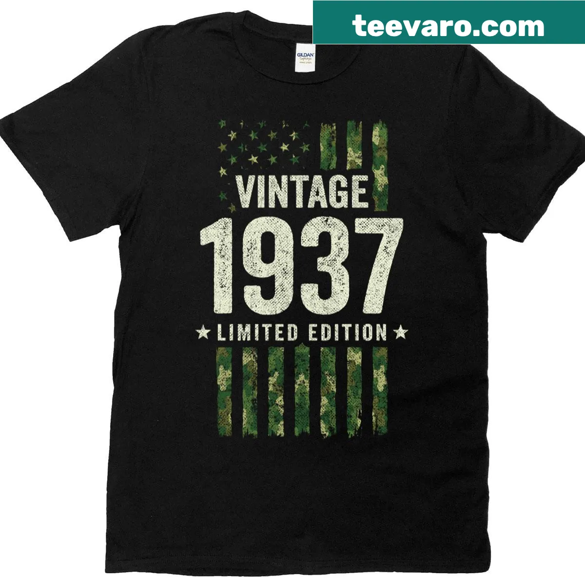 Vintage military camo American flag T-shirt celebrating 1937. — on a men's t-shirt
