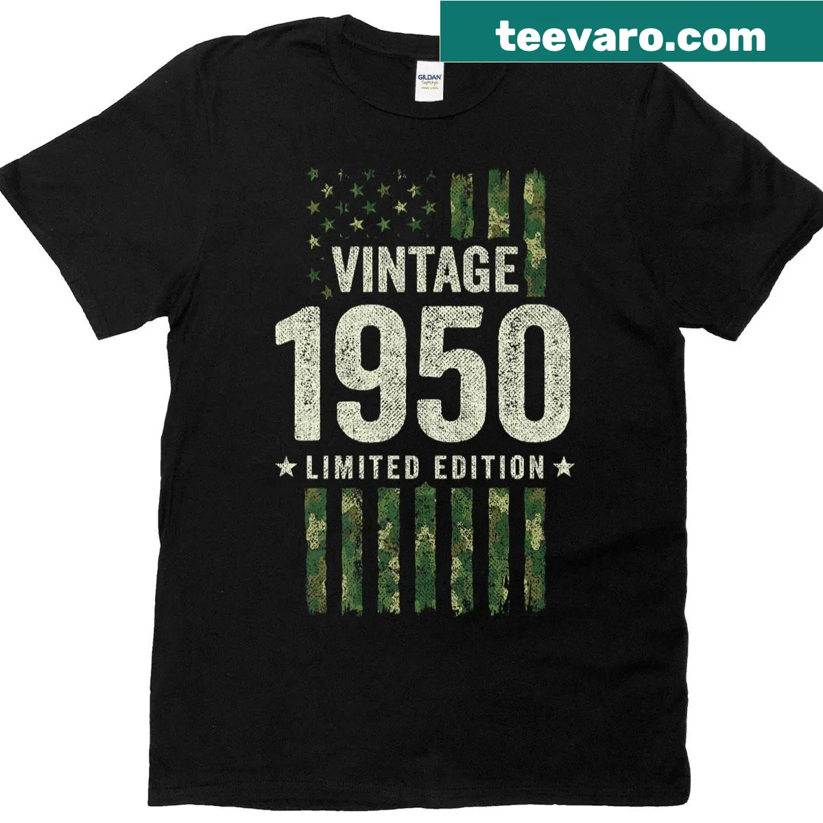 Vintage Military Camo American Flag T-shirt for celebrating a 1950 birthday — on a men's t-shirt