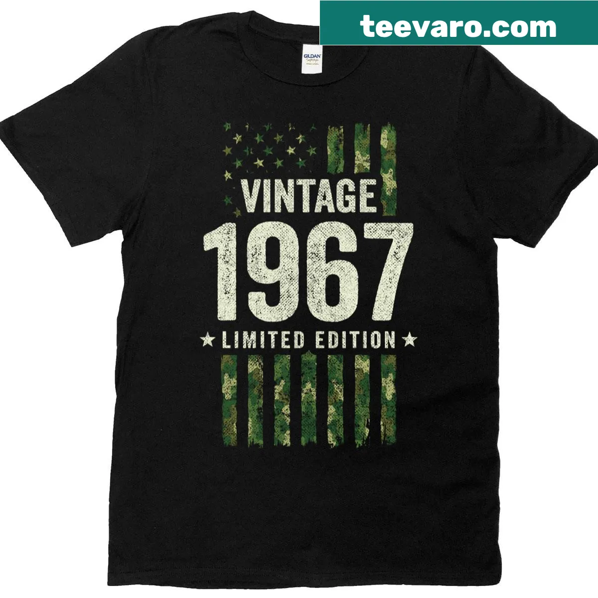 Vintage camo American flag T-shirt for 1967 birthday — on a men's t-shirt