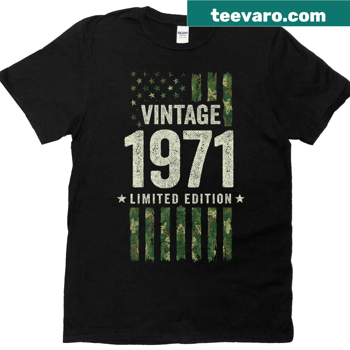 Vintage camo American flag T-shirt celebrating 1971 — on a men's t-shirt