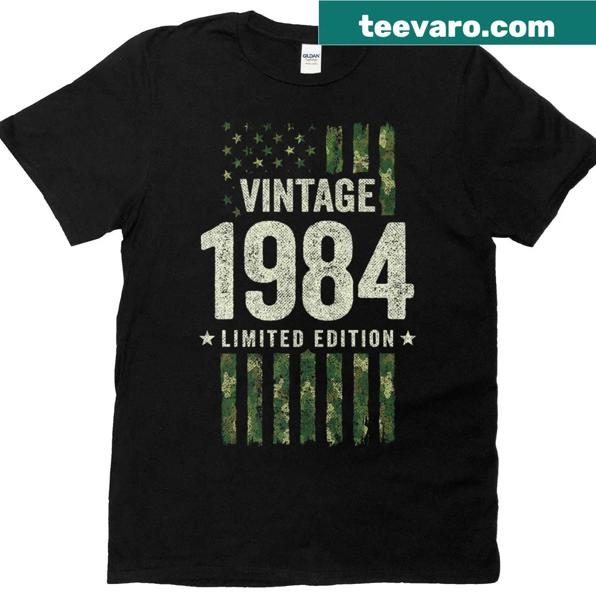 Vintage 1984 birthday t-shirt with military camo and American flag — on a men's t-shirt
