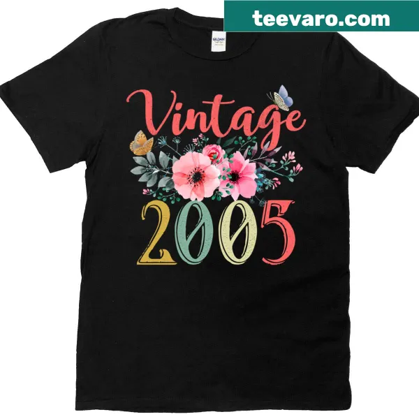 Vintage 2005 birthday t-shirt with floral and hippie design
