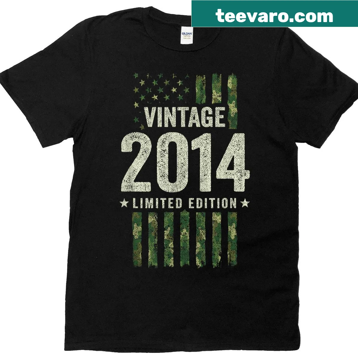Vintage military camo American flag T-shirt celebrating 2014. — on a men's t-shirt