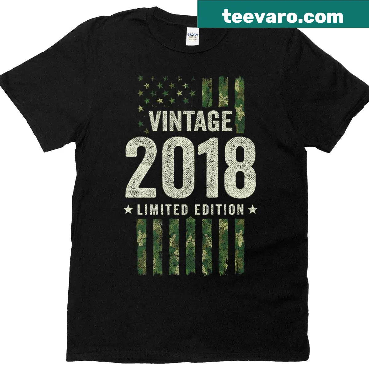 Vintage 2018 birthday t-shirt with military camo and American flag design — on a men's t-shirt