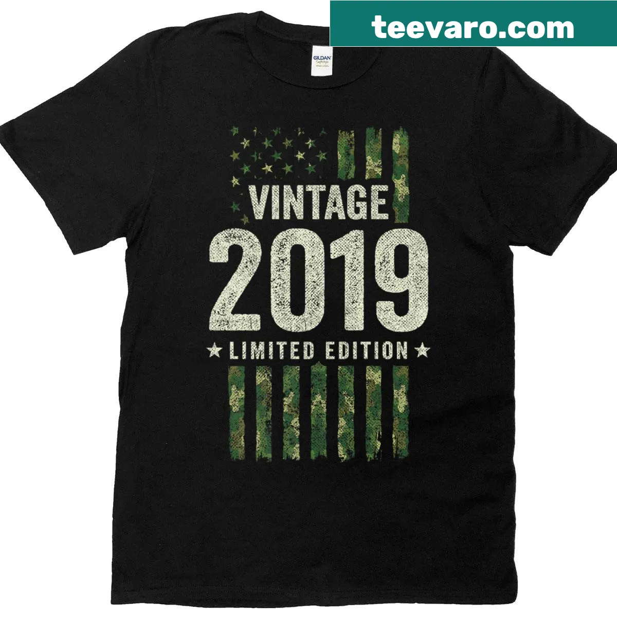 Vintage military camo American flag t-shirt for 2019 birthday — on a men's t-shirt