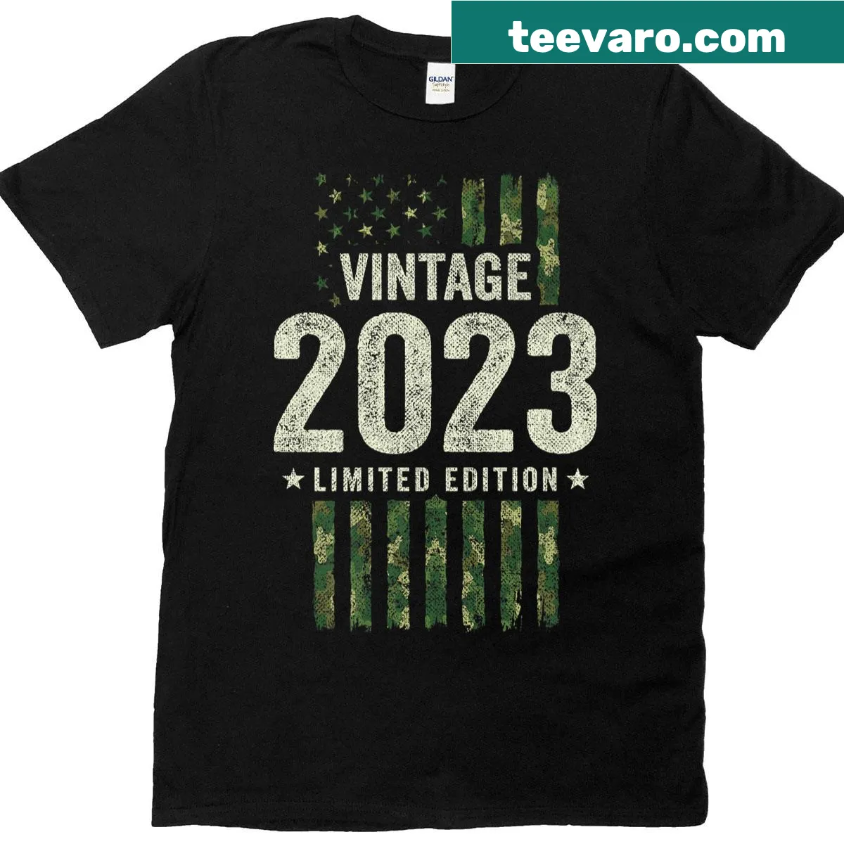 Vintage military camo American flag t-shirt for 2023 birthday — on a men's t-shirt
