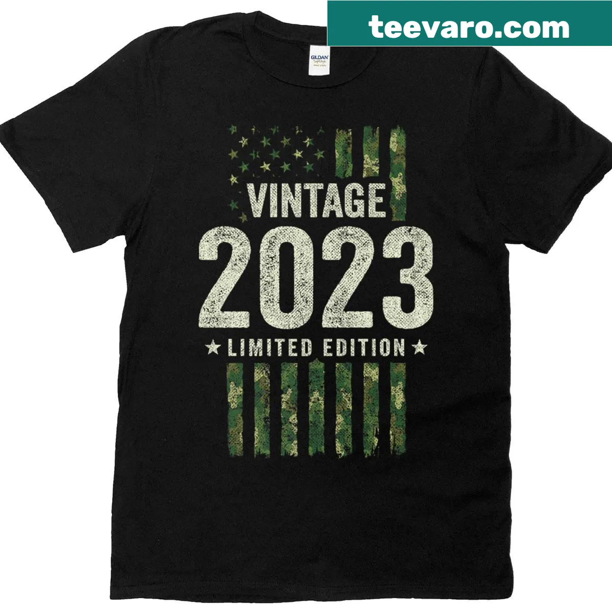 Vintage camo American flag T-shirt for 2023 birthday — on a men's t-shirt