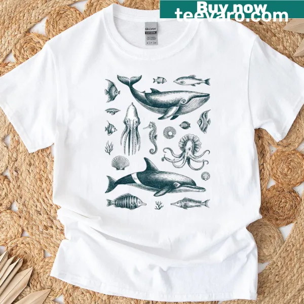 Retro 90s tattoo-style ocean animals graphic T-shirt