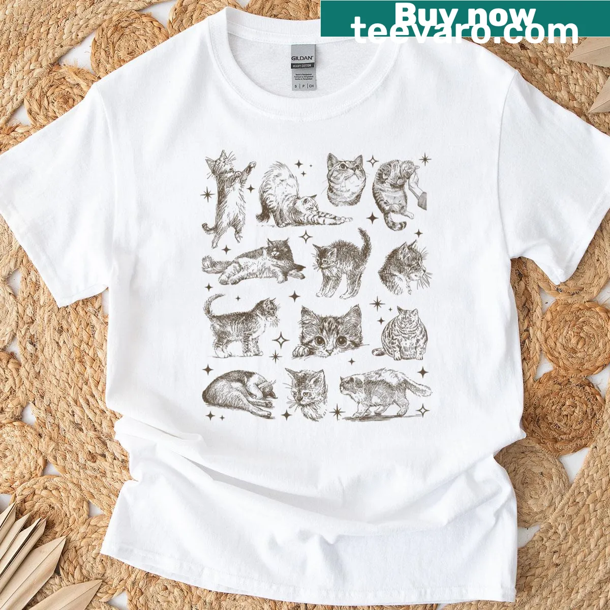 Retro cat tattoo T-shirt featuring cats in space — on a men's t-shirt