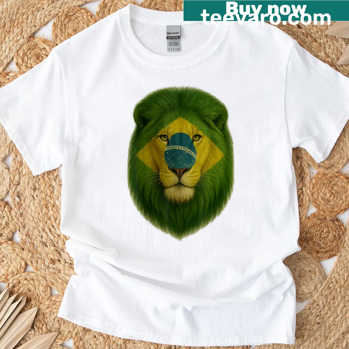 Vintage lion graphic with Brazil flag elements — on a men's t-shirt