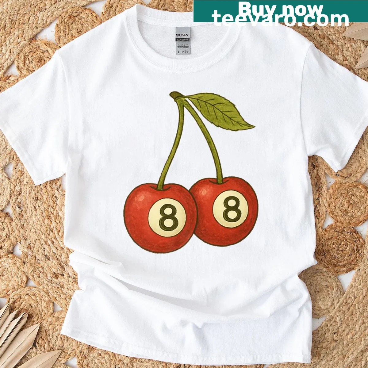 Retro billiards T-shirt featuring a cherry 8-ball design — on a men's t-shirt