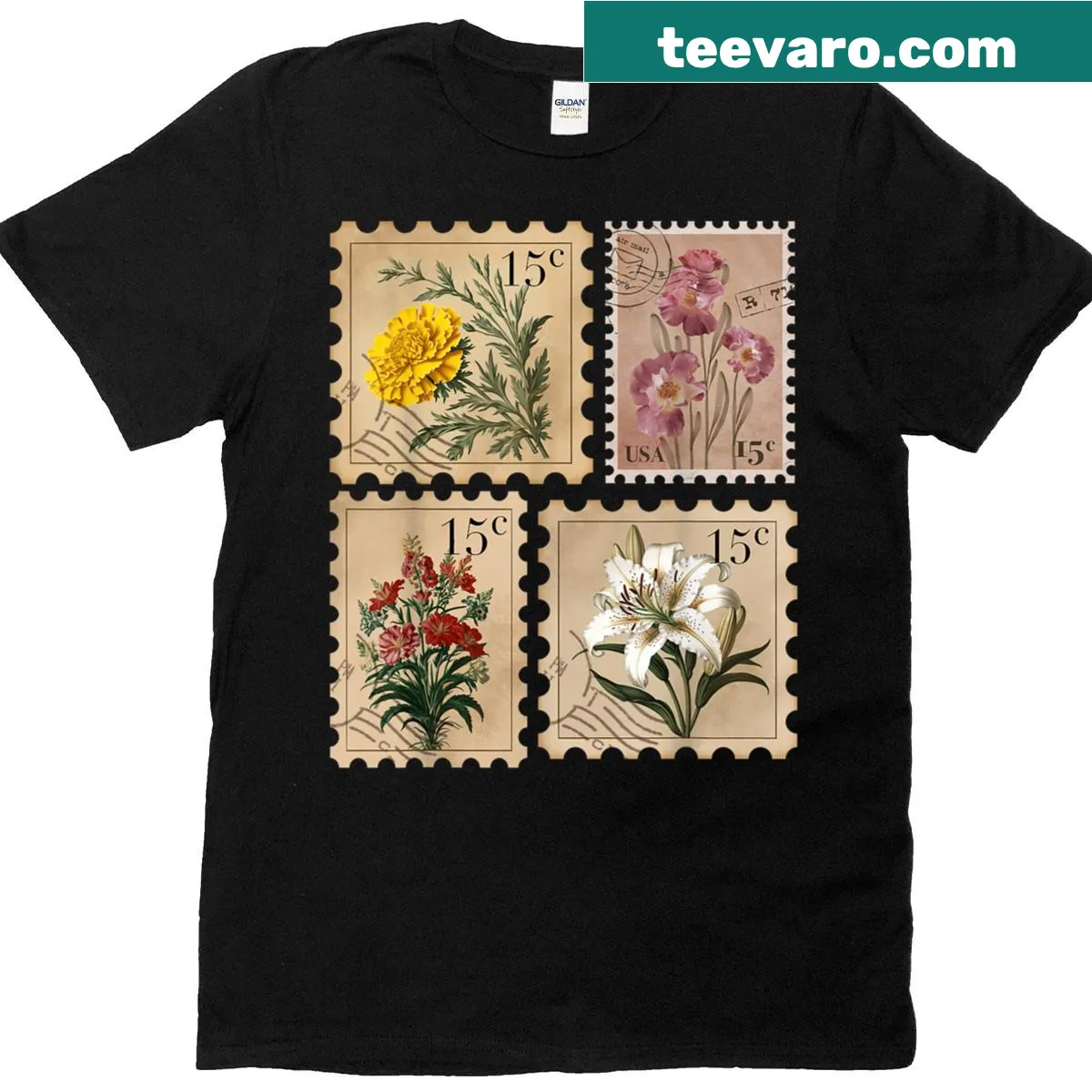Vintage distressed t-shirt featuring floral postage stamp graphic — on a men's t-shirt