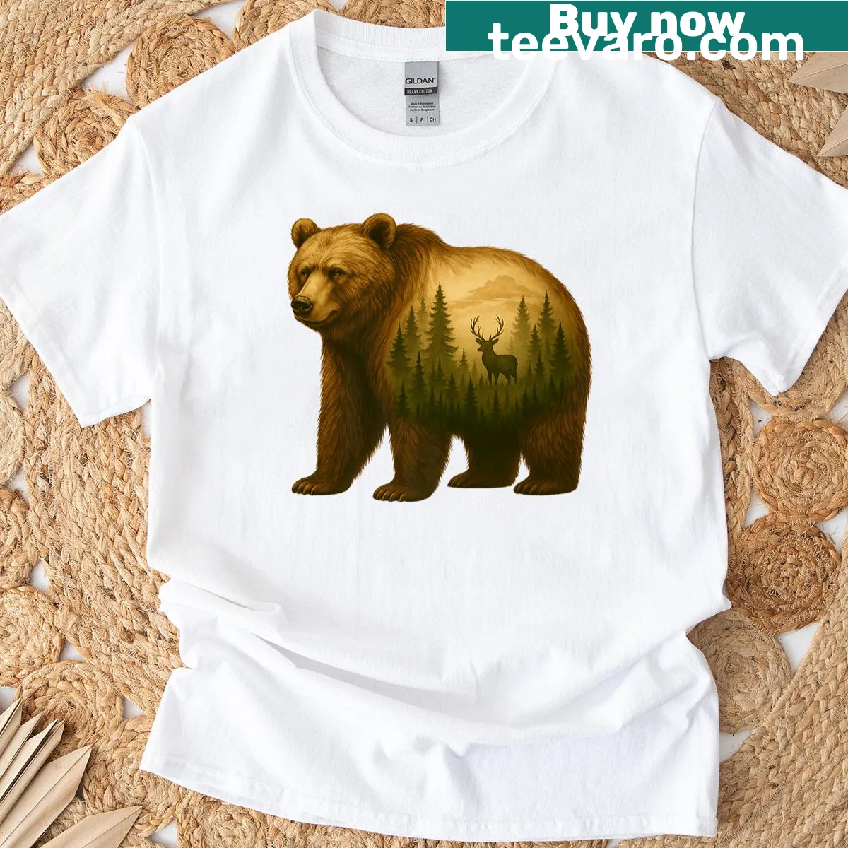 Silhouette design of deer and bear in a vintage forest landscape — on a men's t-shirt