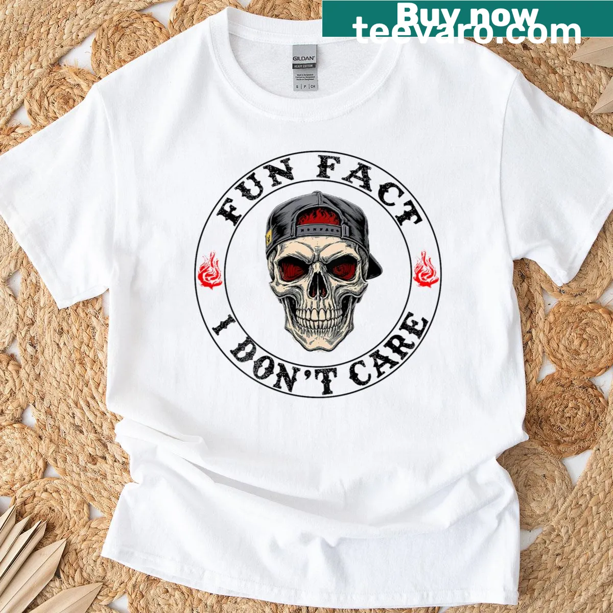 Sarcastic skeleton graphic T-shirt with fun fact text — on a men's t-shirt