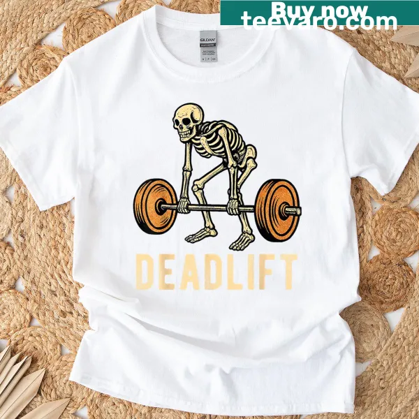 Vintage gym t-shirt with funny skeleton deadlifting graphic