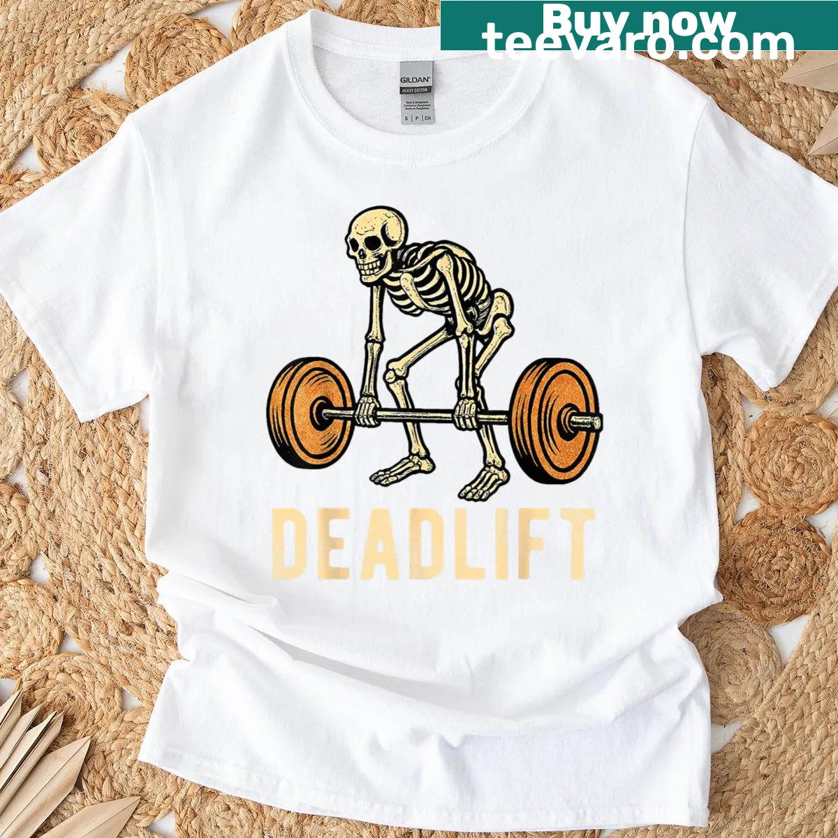 Vintage gym t-shirt with funny skeleton deadlifting graphic — on a men's t-shirt