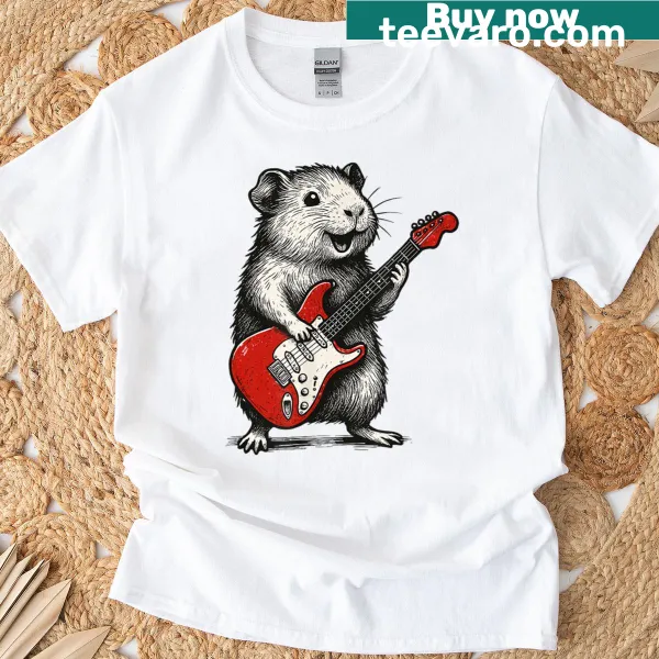Vintage guinea pig playing guitar graphic on T-shirt
