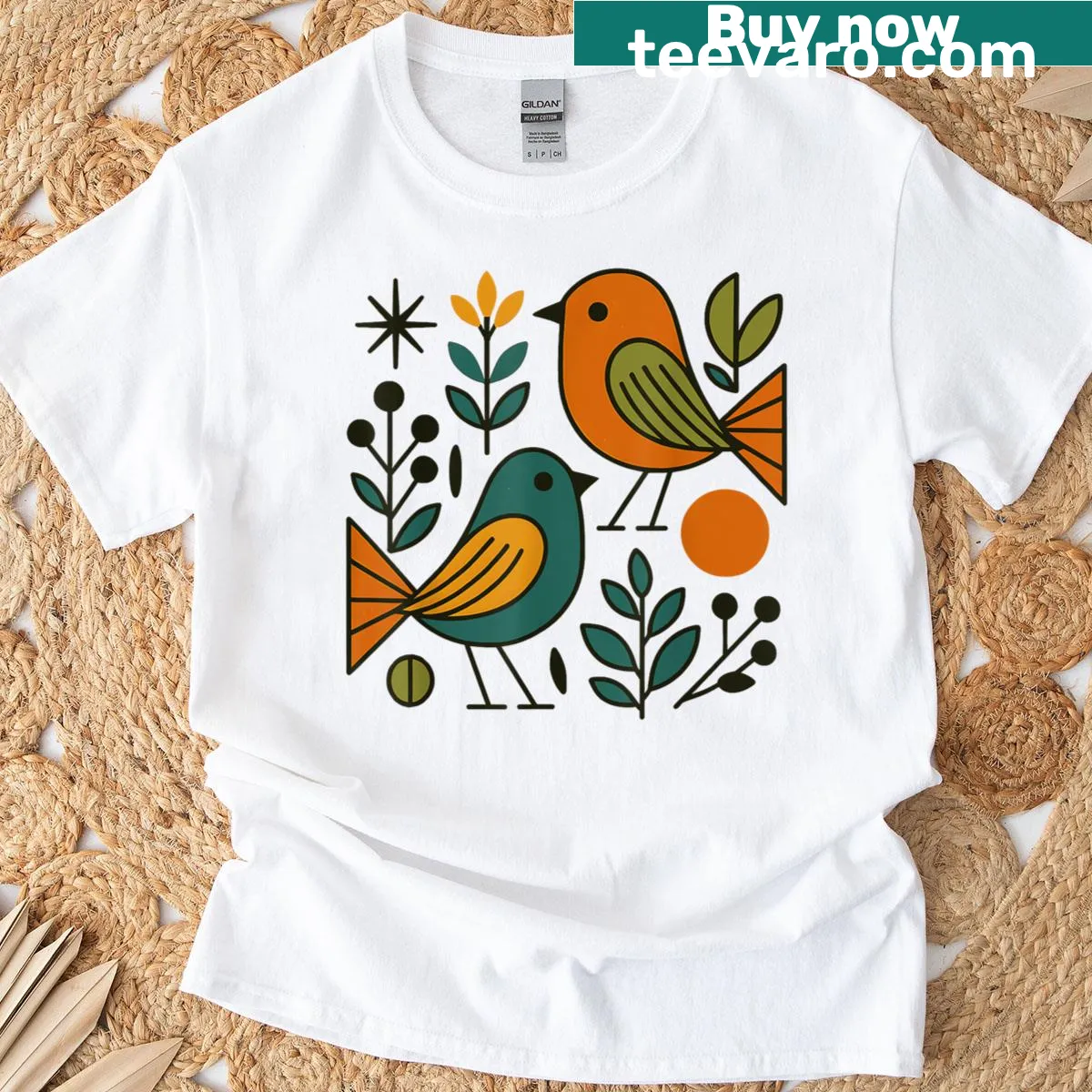 Mid-century bird illustration T-shirt with modern graphic design — on a men's t-shirt