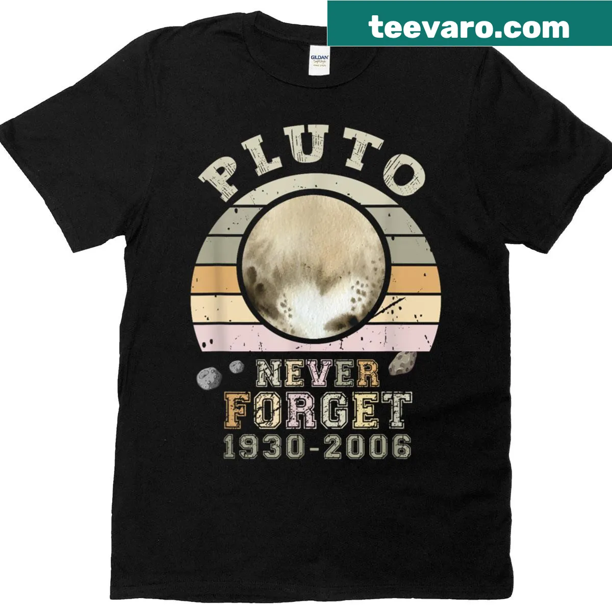 Retro astronomy shirt with Never Forget Pluto slogan — on a men's t-shirt