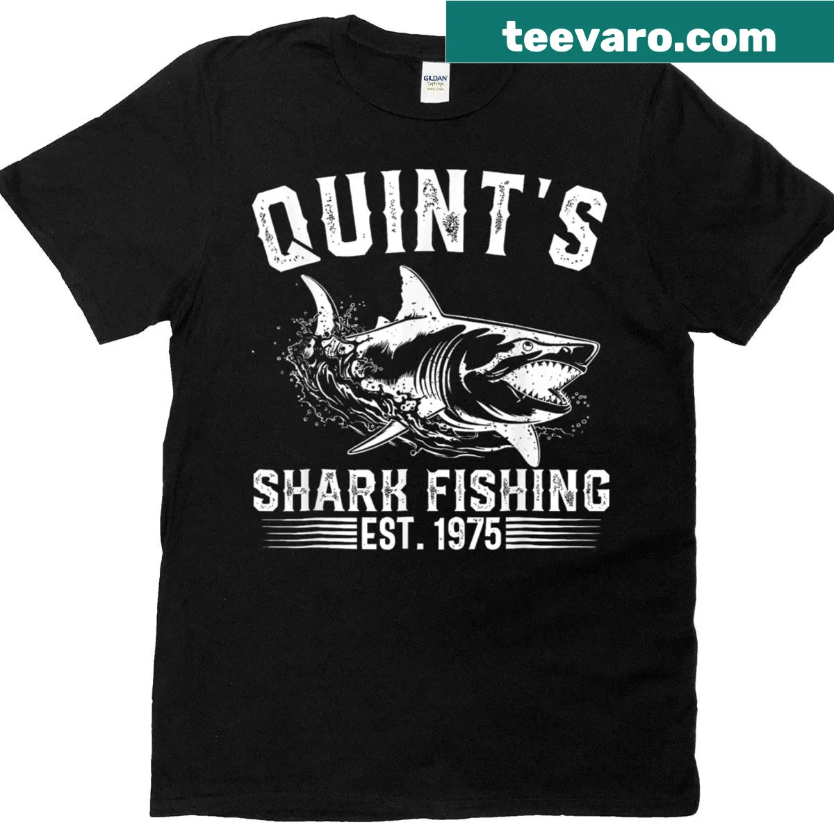 Vintage fishing t-shirt with a retro shark fishing graphic for 1975 — on a men's t-shirt