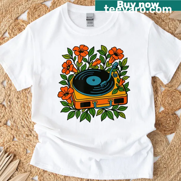 Vintage record player surrounded by flowers graphic t-shirt