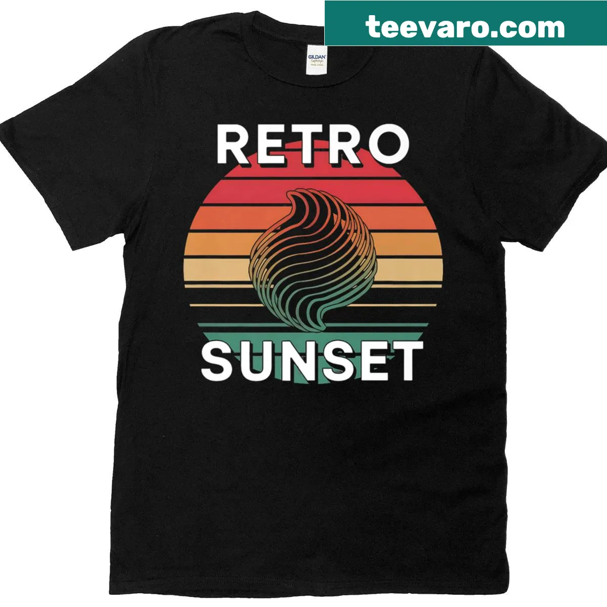 Vintage arcade t-shirt with a retro sunset pixel graphic style — on a men's t-shirt