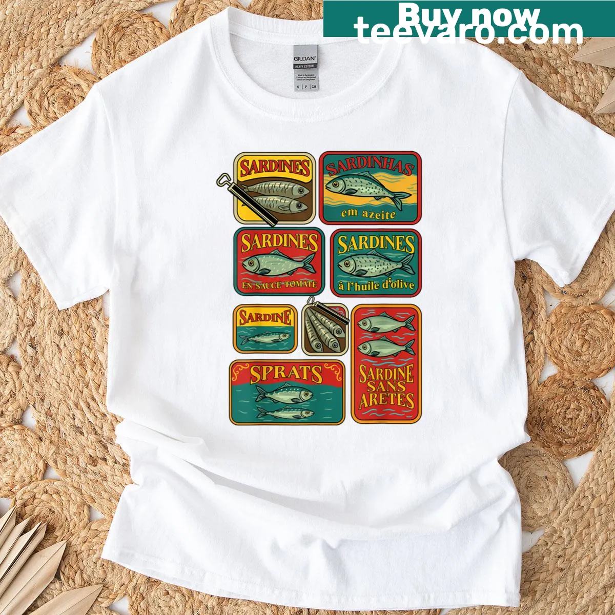 Retro sardines graphic T-shirt with vintage design — on a men's t-shirt