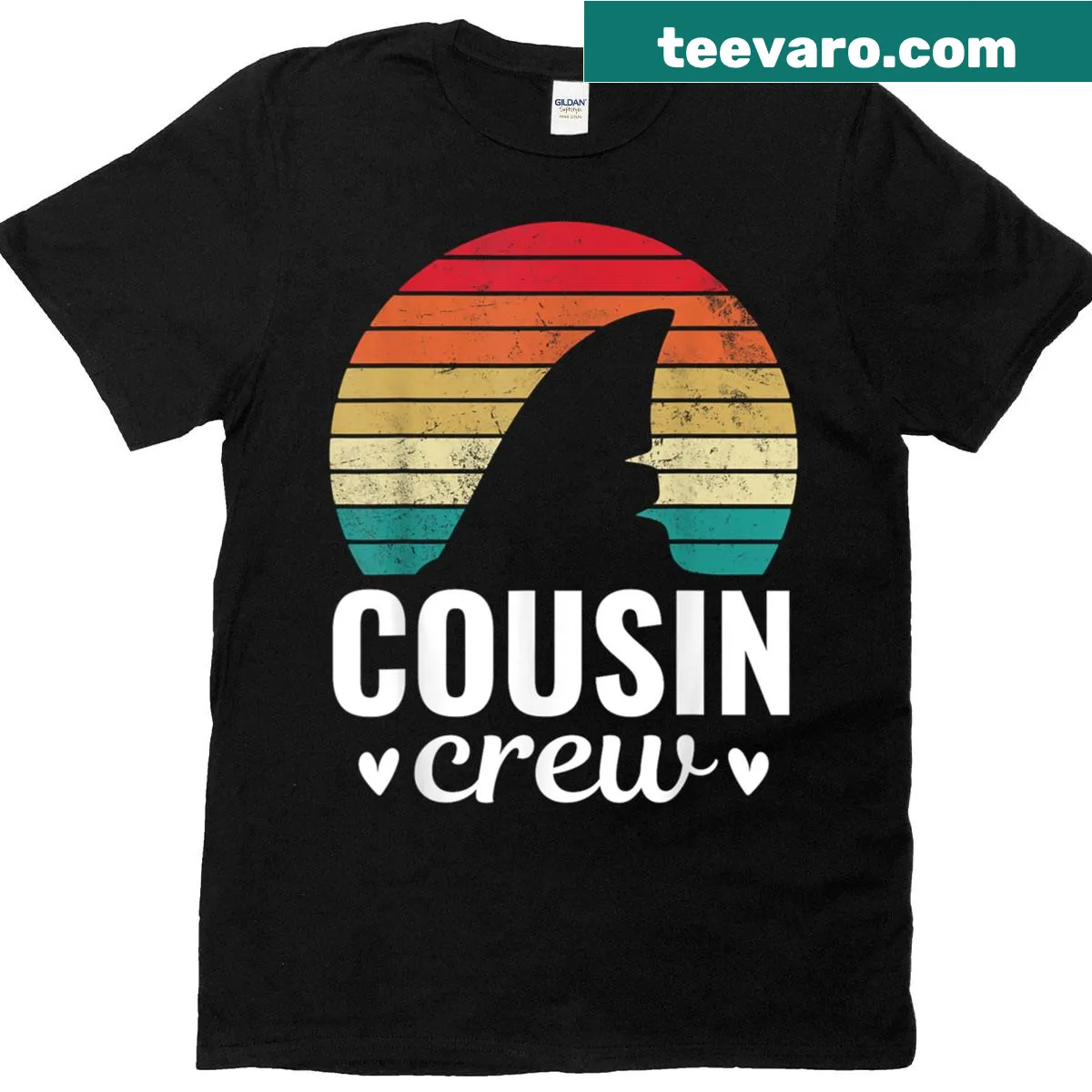 Vintage shark fin graphic Cousin Crew family reunion T-shirt — on a men's t-shirt