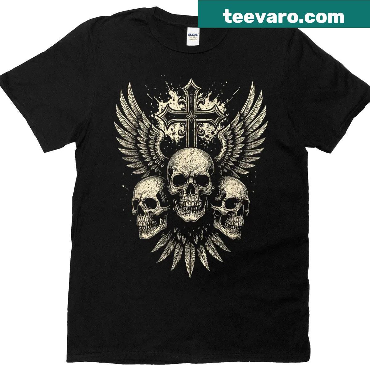 Gothic punk rock t-shirt with skull and wing illustration — on a men's t-shirt