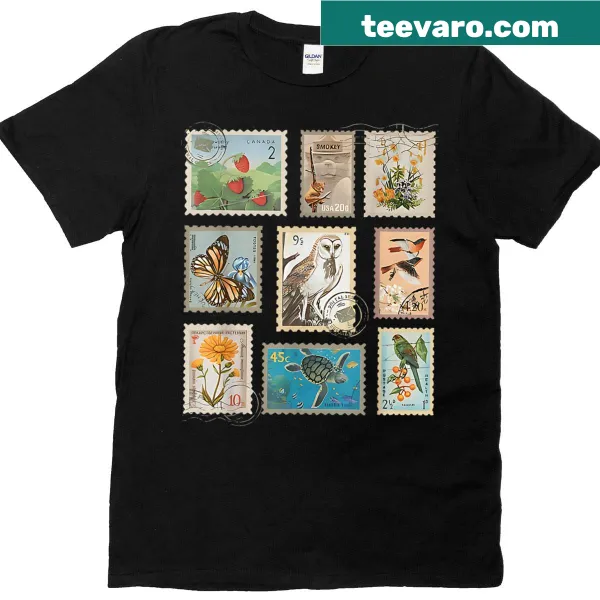 Vintage-style T-shirt featuring wildlife and plant postage stamp graphics