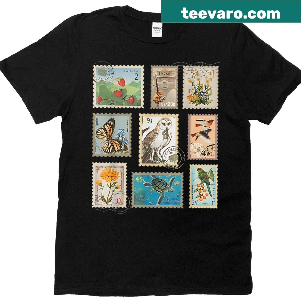 Vintage-style T-shirt featuring wildlife and plant postage stamp graphics — on a men's t-shirt