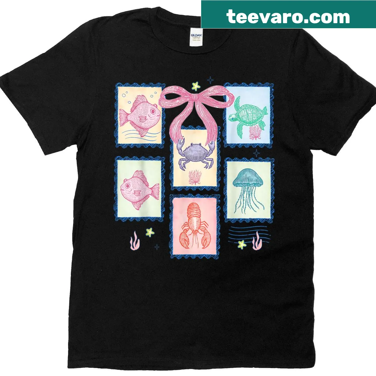 Vintage coastal T-shirt with fish and jellyfish design — on a men's t-shirt