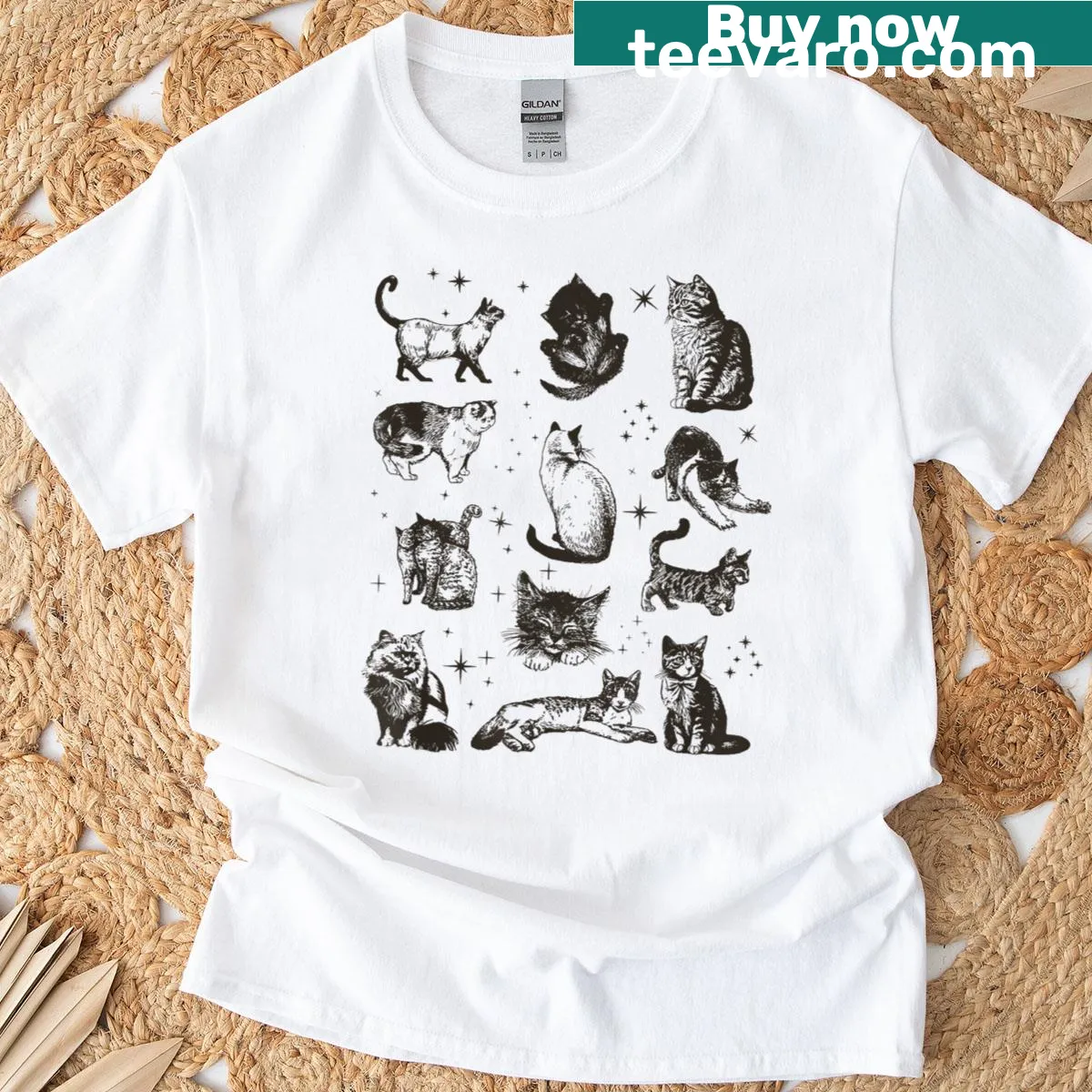 90s style cat design with tattoo elements on vintage T-shirt — on a men's t-shirt