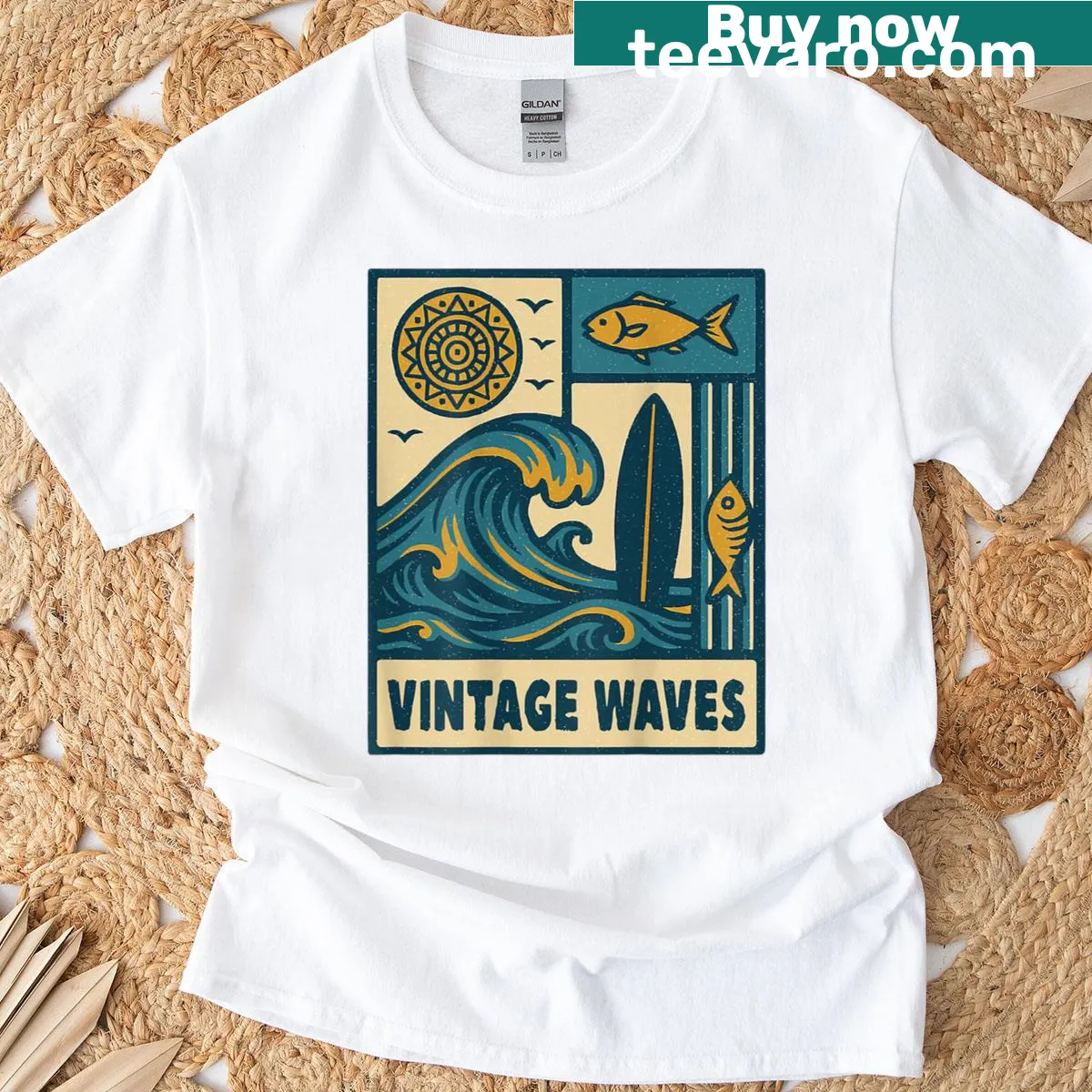 Retro surf vibe sunset waves graphic t-shirt — on a men's t-shirt
