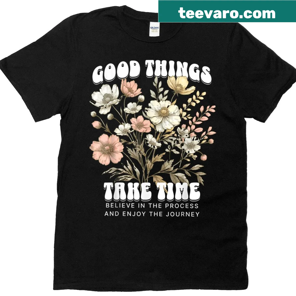 Vintage wildflower boho women's t-shirt with retro botanical design — on a men's t-shirt