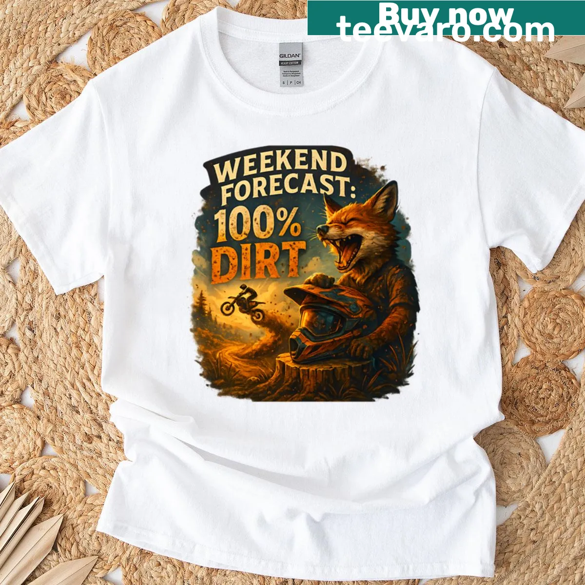 Funny dirt bike shirt with 'Weekend Forecast 100% Dirt' text — on a men's t-shirt
