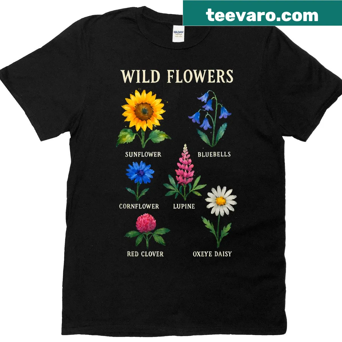 Vintage floral graphic women's t-shirt with wildflowers — on a men's t-shirt