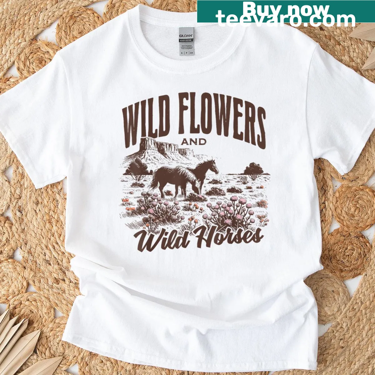 Vintage t-shirt with wild horses and wildflowers design — on a men's t-shirt