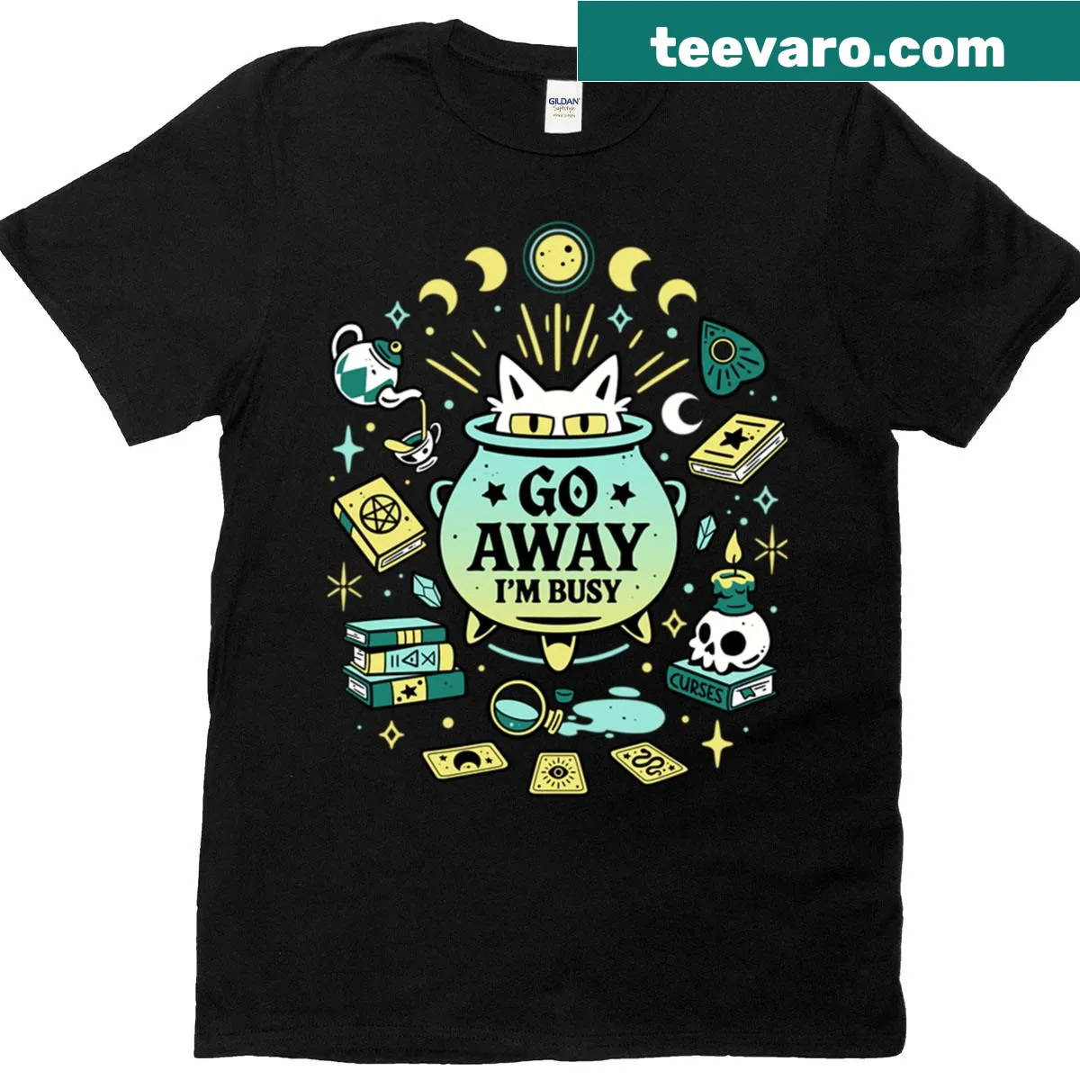 Whimsical witch cat graphic on a fun T-shirt for cat lovers — on a men's t-shirt
