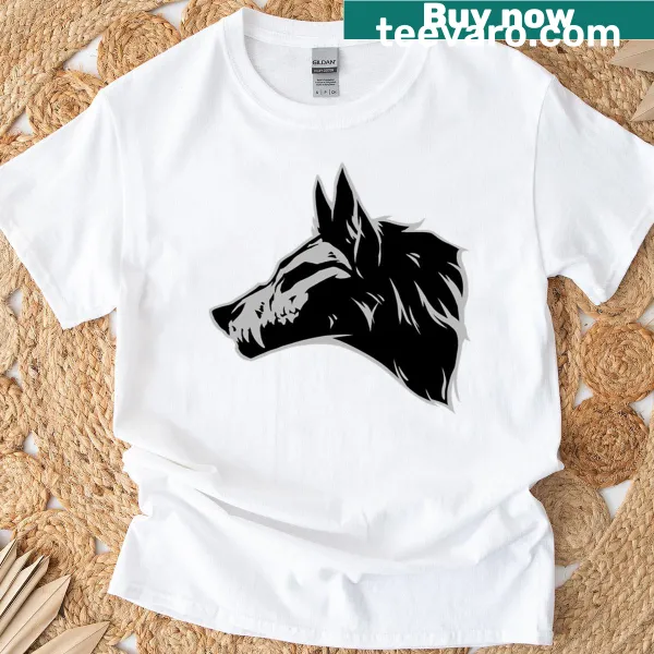 Wolf skull graphic on a t-shirt emphasizing detail and style